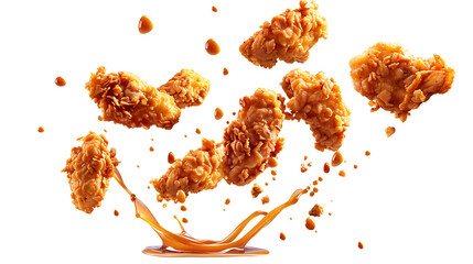 Fried chicken drumsticks falling with crispy texture and crumbs, isolated on white background