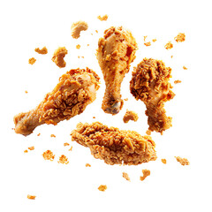 Fried chicken drumsticks falling with crispy texture and crumbs, isolated on white background