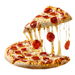 Sliced pepperoni pizza falling with melted cheese stretch, isolated on white background