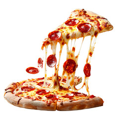 Sliced pepperoni pizza falling with melted cheese stretch, isolated on white background