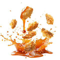 Chicken nuggets falling with sauce splashes, isolated on white background