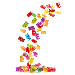 Colorful gummy bears falling mid-air, isolated on white background