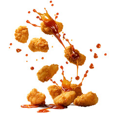 Chicken nuggets falling with sauce splashes, isolated on white background