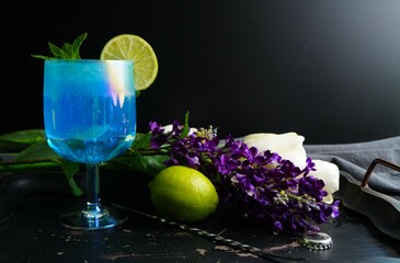 Blue cocktail drink called Spring Rain made with vodka, blue curacao, ice, lime juice and ginger beer.  Drinks for parties and celebrations.  Bartender drinks that are blue and fruity.  Blue cocktail 