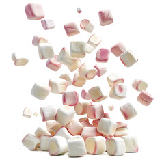 Marshmallows falling with soft fluffy texture, isolated on white background