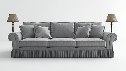 cozy grey sofa with decorative pillows and stylish lamps in minimalist setting