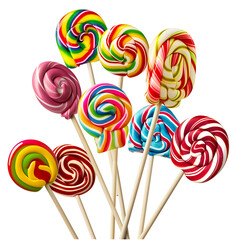 Lollipops in various shapes and colors falling, isolated on white background
