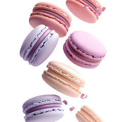 Macarons in pastel colors falling gently, isolated on white background