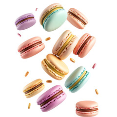 Macarons in pastel colors falling gently, isolated on white background