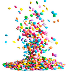 Colorful candy sprinkles falling in dynamic motion, isolated on white background