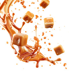 Caramel candies falling with sticky texture trails, isolated on white background