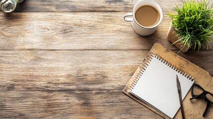 Flat lay of wooden desk with coffee, plant, notebook, pencil, and glasses. Ample copy space