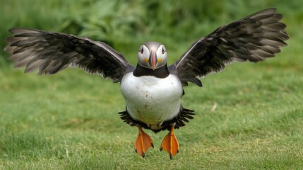 Obraz premium Atlantic puffin with outstretched wings prepares for flight over a grassy field