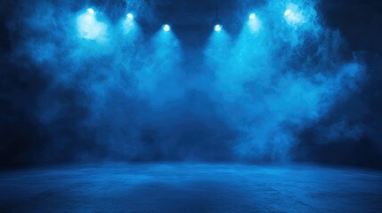 Futuristic dark blue studio with glowing neon searchlights casting atmospheric beams for a sleek and modern presentation backdrop