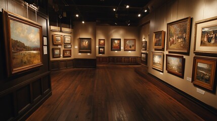 Elegant art gallery featuring classic paintings under warm spotlights