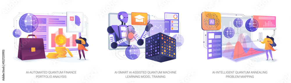 Poster ai applications in quantum computing abstract concept vector illustrations.