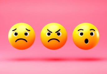 Three dimensional emojis showing sad angry and surprised expressions