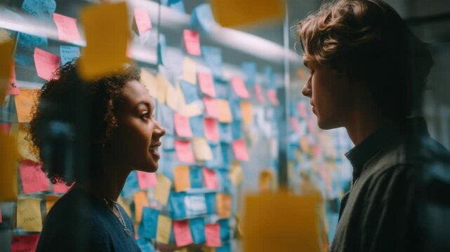 Brainstorming Breakthrough: Two colleagues in a modern workplace collaborate, focusing on their work in front of a glass wall full of sticky notes, evoking a collaborative and innovative atmosphere. 
