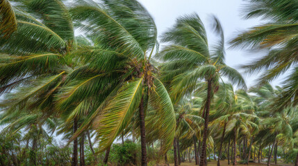 Fototapeta premium Low-Angle View of Palm Trees in Miami During Hurricane, Nature's Fury Unleashed.