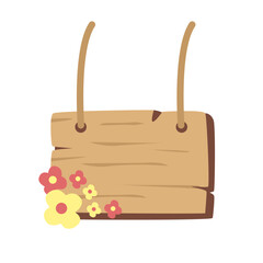 Vertical wooden signboard hanging with brown ropes, decorated with small colorful flowers—ideal for garden themes or spring invitations.

