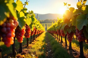 Naklejka premium Sun-drenched vineyard bursting with ripe grapes ready for harvest Golden sunlight illuminates rows of lush vines heavy with clusters of plump, juicy fruit Autumnal colors abound , farming, foliage