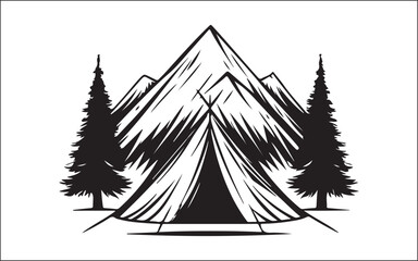 Obraz premium Mountain Camping Silhouette Scene Hiker, Tent, and Pine Trees Vector Art