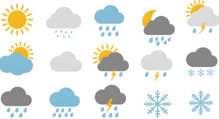 Weather Icons Sun, Rain, Clouds, Snow, and Lightning -  A Collection of Simple Weather Symbols