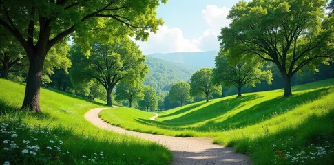 Fototapeta premium Serene hillside park with winding pathways, lush greenery, and mature trees creating a tranquil landscape design Perfect for relaxation and recreation , urban planning, botany, flowers