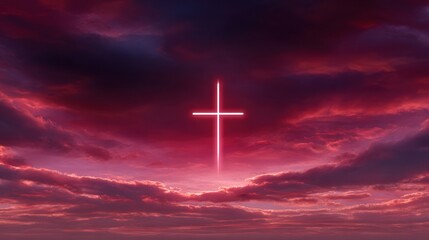 Naklejka premium A glowing cross illuminates a dramatic sky filled with vibrant red clouds, creating a striking and spiritual atmosphere.