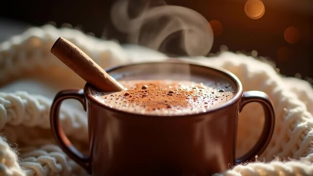 Steaming mug of hot chocolate with cinnamon stick on knitted blanket  