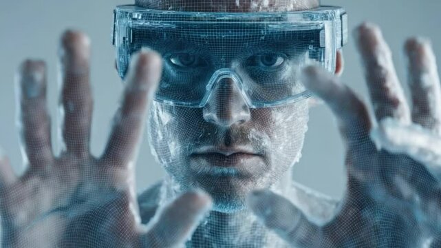 Immersive Reality: A person is depicted in a futuristic augmented reality setting, wearing a virtual reality headset, seemingly interacting with a digital world through outstretched hands.