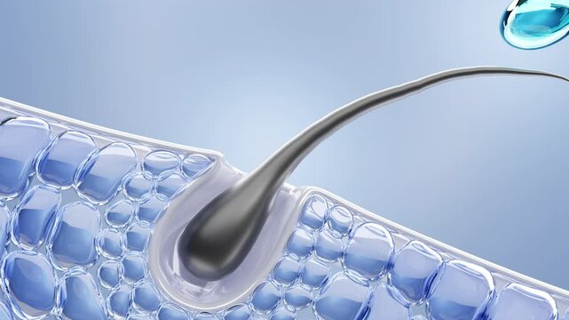 Hair care, hair growth oil drop to root, Animation Nourish hair action of shampoo or serum. Repair damaged hair. 3d rendering. Hair care, Animation Nourish hair action of shampoo or serum. 