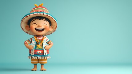 A cheerful cartoon boy wearing traditional Valle del Cauca outfit