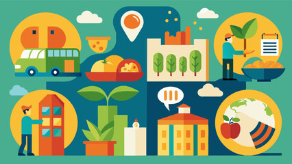 Obraz premium A collage of images representing different aspects of the global food supply chain highlighting how each stage contributes to the overall increase in prices.. Vector illustration