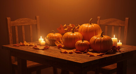 Cozy autumn table setting with pumpkins and candles in warm light  