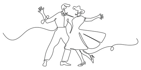 one continuous line drawing of men and women dancing in traditional costumes.single line vector illustration sign for party,festival,dance studio