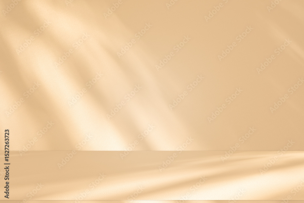 Poster Wall interior background, studio and backdrops show products. with leaf shadow from window color beige and white. background for text insertion and presentation of product	