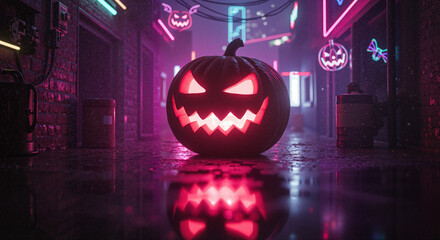 Glowing jack-o'-lantern in neon-lit alley on Halloween night  