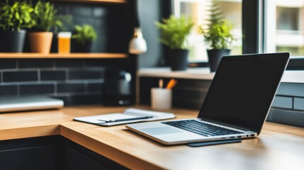 Remote work station in kitchen corner with laptop, notebook, and clean workspace