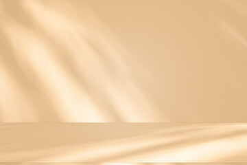 Wall interior background, studio and backdrops show products. with leaf shadow from window color beige and white. background for text insertion and presentation of product	
