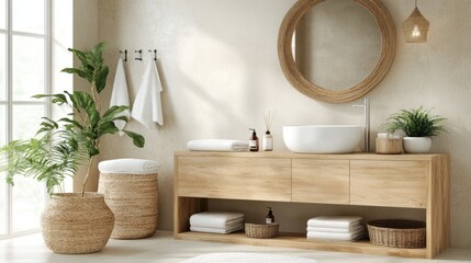 Scandinavian-style bathroom with light wood finishes, white ceramics, and subtle decorative touches