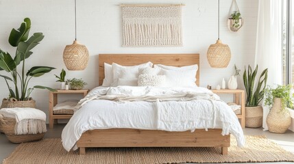 Scandinavian-style bedroom featuring light wood furniture, crisp white linens, and natural textures