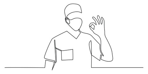 one continuous line drawing of a surgeon giving OK sign hand gesture.single line vector illustration for hospital,health,clinic and other signs