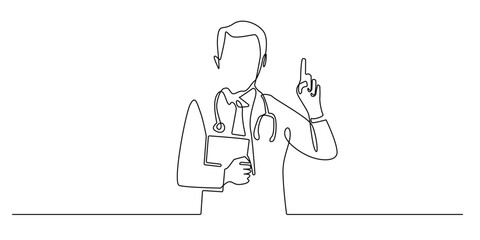 Fototapeta premium one continuous line drawing of a doctor with finger pointing up.single line vector illustration of a doctor gesturing with hand,health warning.