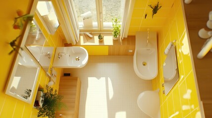 Small urban bathroom with modern design, space-saving layout, and bright tiled walls
