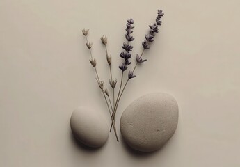 Serene Still Life Stones Dried Lavender and Dried Flowers