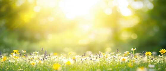 Sunny Meadow with Blooming Wildflowers and Bright Sunlight