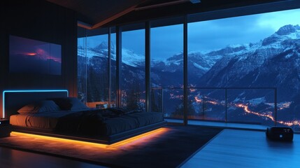 Smart bedroom setup with integrated lighting, automated blinds, and tech features