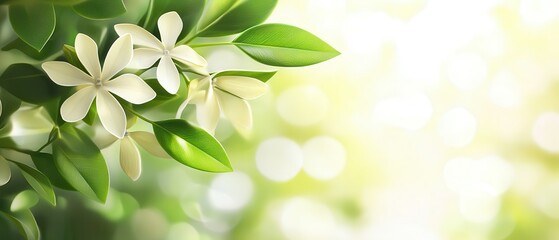 Delicate White Blossoms and Lush Green Leaves in Soft Sunlight