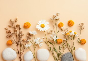 Serene Floral Arrangement with Stones and Dried Flowers